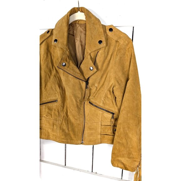 Vintage western tan brown suede leather cropped fringe boho motorcycle jacket - Picture 7 of 8